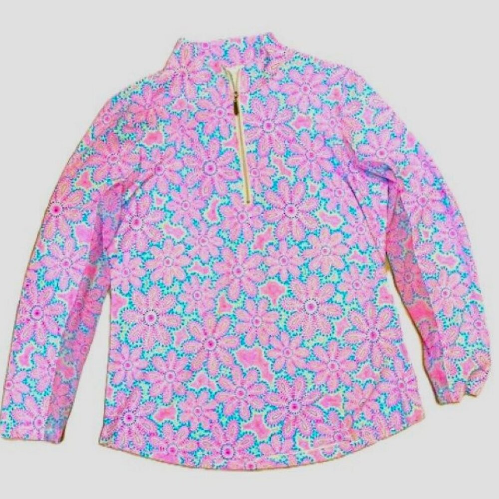 Beachtime High Pink Blue Flower Dots Zip Neck Activewear Sports Top